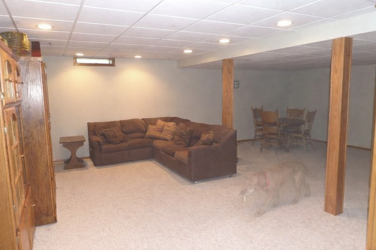 A basement living room with a brown sectional couch and dining area in the background. A translucent, ghostly figure of a dog appears near the center of the room.